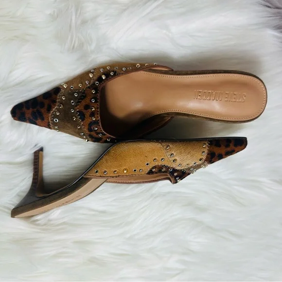 Steve Madden Leopard Print & Tan Studded Pointed Mule Heels - Picture 4 of 10